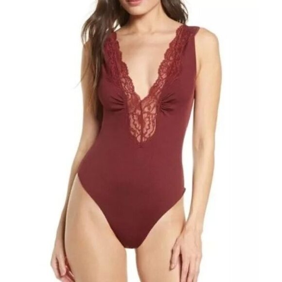 Free People Other - Free People Women's Red One-Piece Bodysuit Lace Ruffle Wide Strap Size S (G-3)